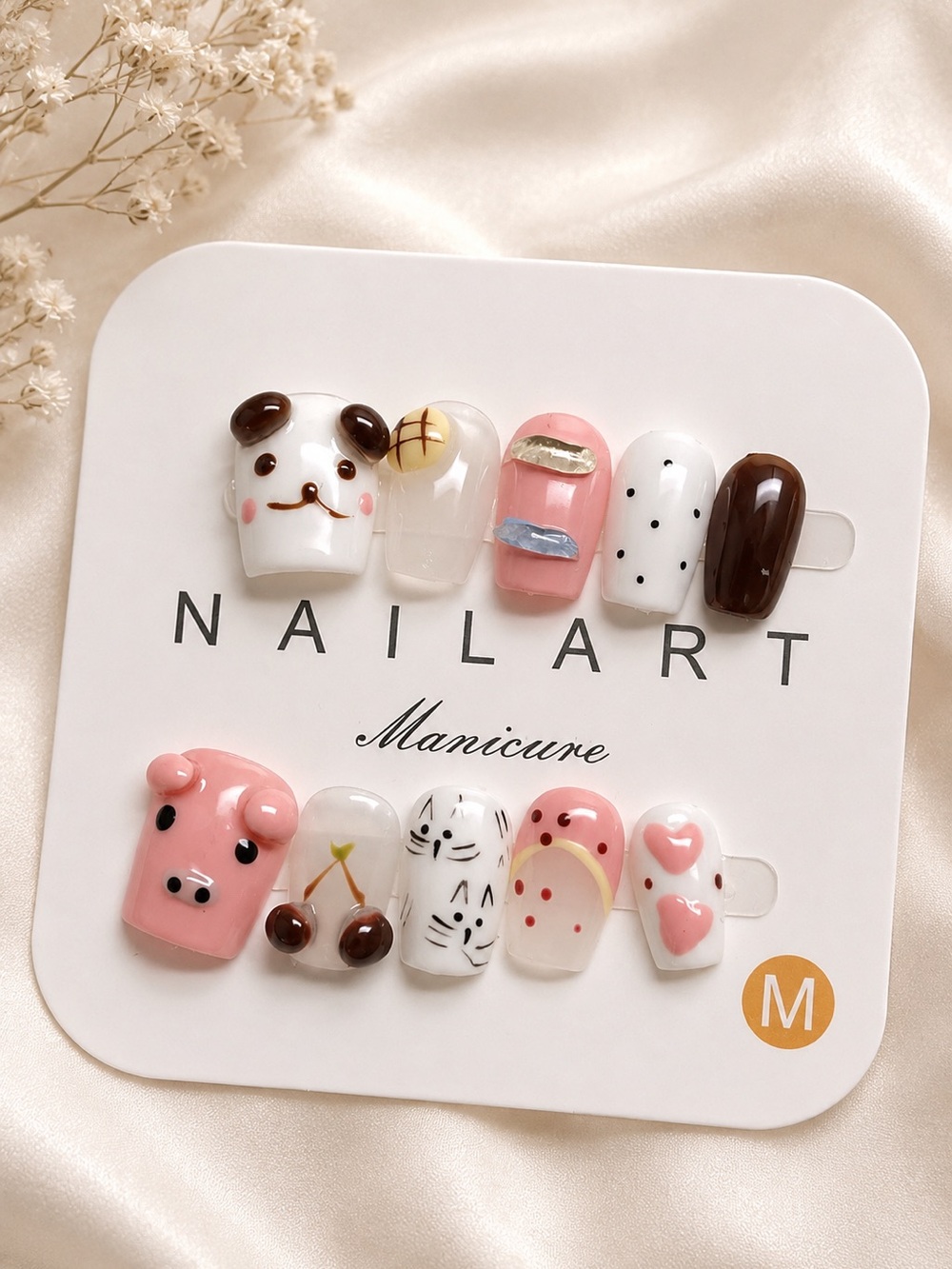 Cute Pink & White Nail Art Set with Brown Accents size medium